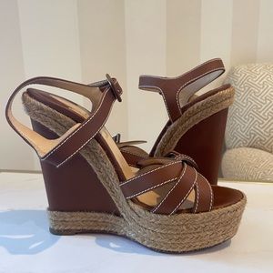 Louboutin “Zero Problem” Leather Espadrille Wedge Sandals in Cognac